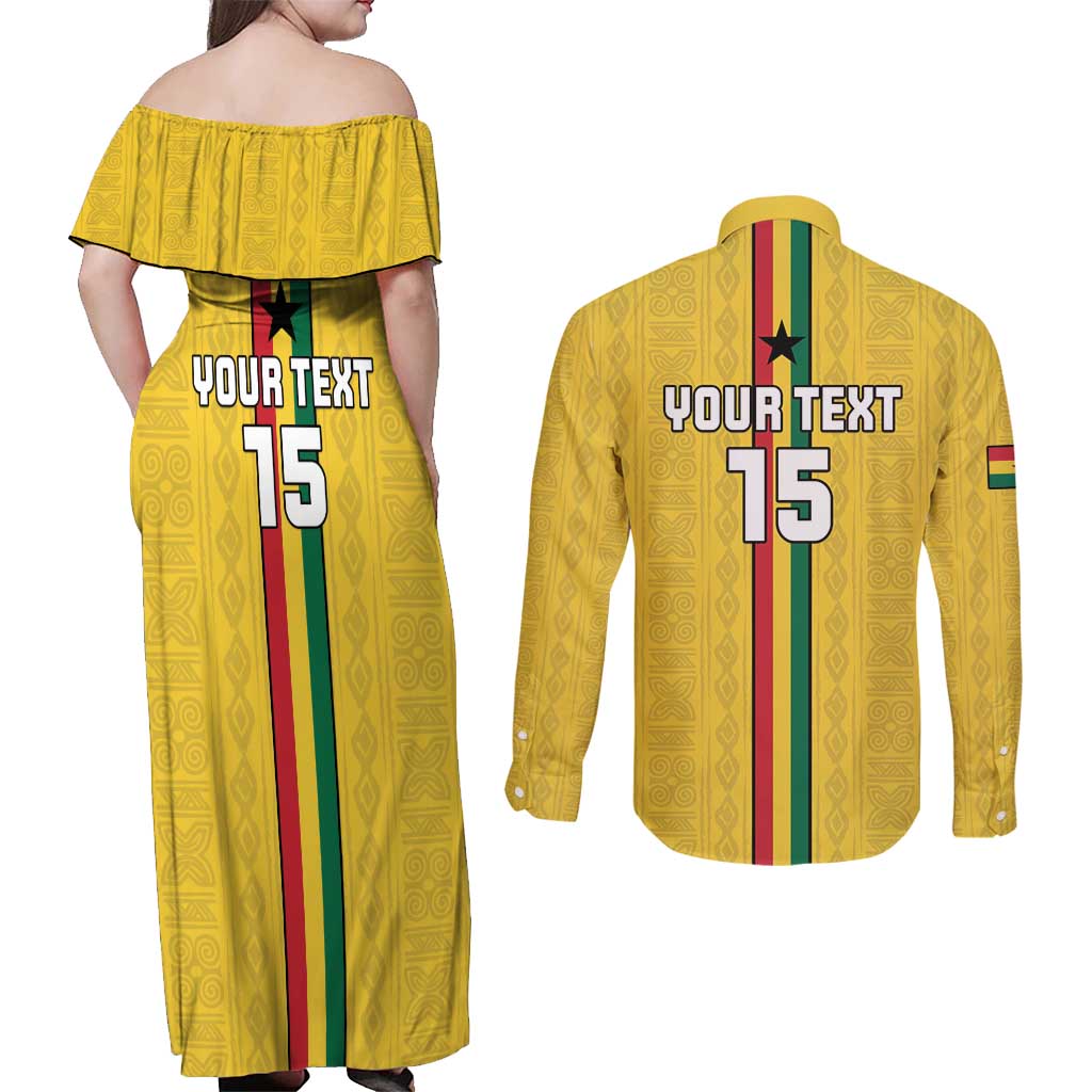Custom Ghana Football Couples Matching Off Shoulder Maxi Dress and Long Sleeve Button Shirt Go Black Stars Go