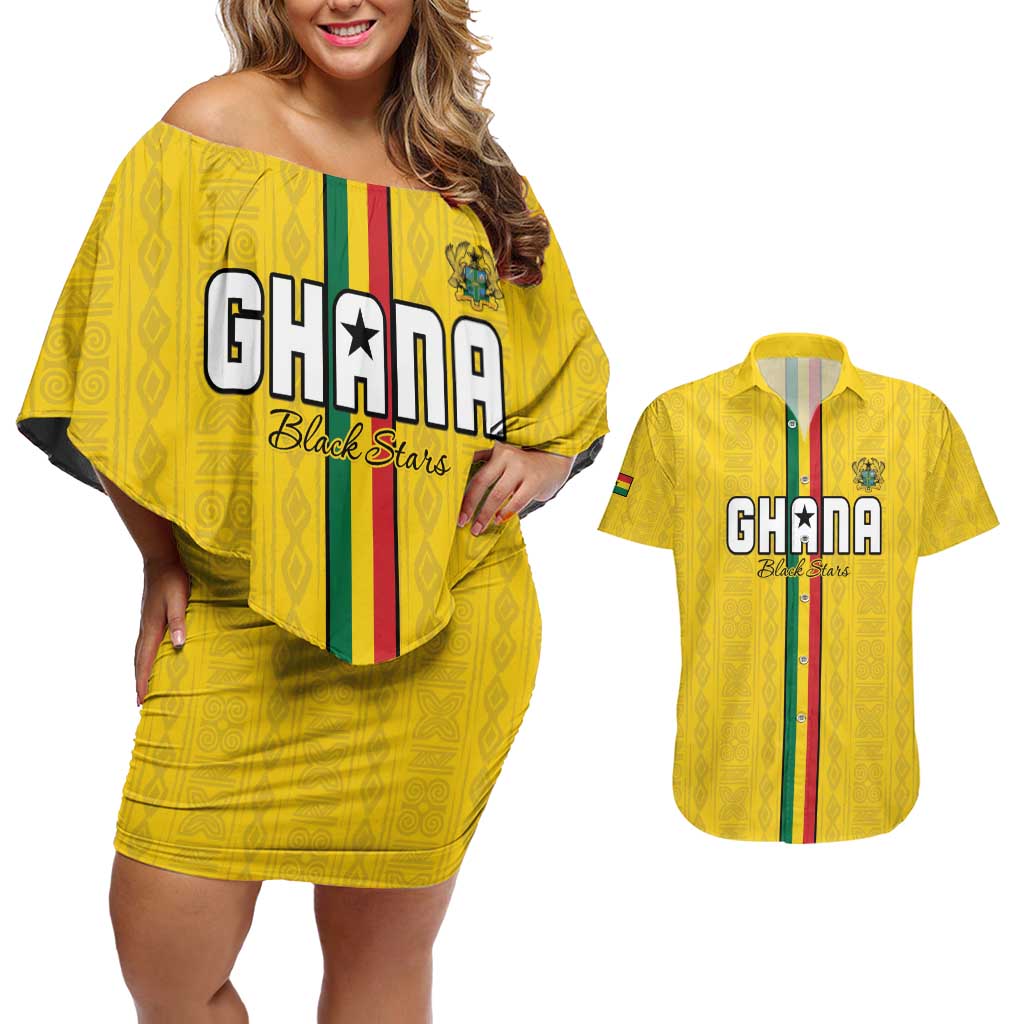 Custom Ghana Football Couples Matching Off Shoulder Short Dress and Hawaiian Shirt Go Black Stars Go