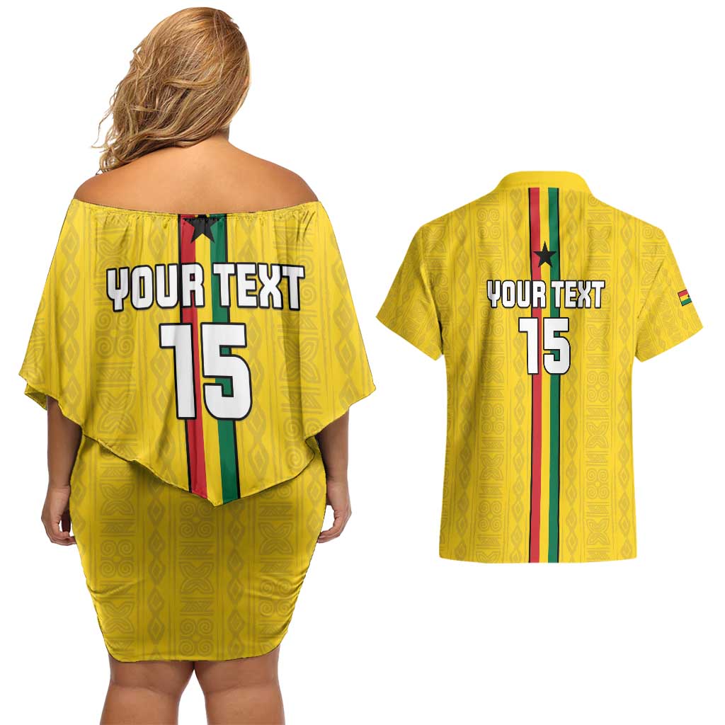 Custom Ghana Football Couples Matching Off Shoulder Short Dress and Hawaiian Shirt Go Black Stars Go