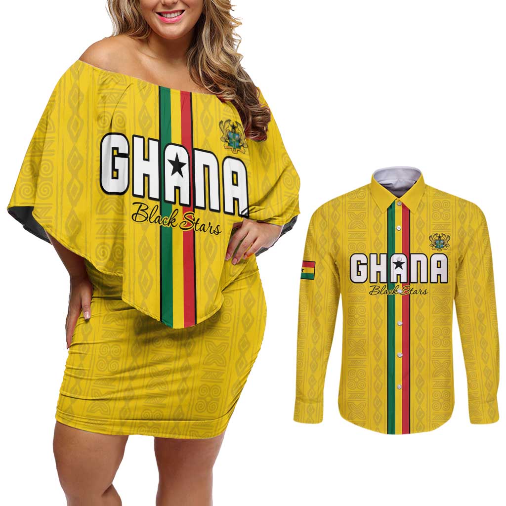 Custom Ghana Football Couples Matching Off Shoulder Short Dress and Long Sleeve Button Shirt Go Black Stars Go