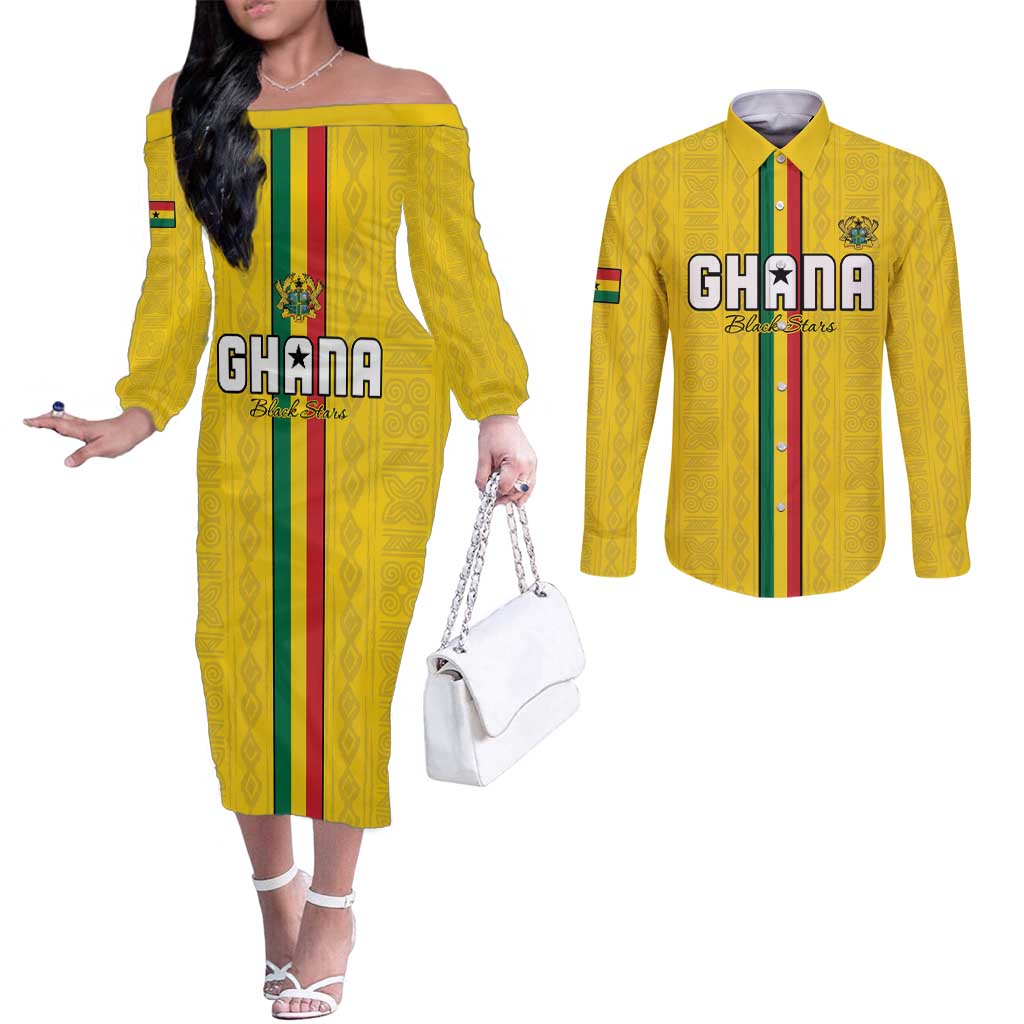Custom Ghana Football Couples Matching Off The Shoulder Long Sleeve Dress and Long Sleeve Button Shirt Go Black Stars Go