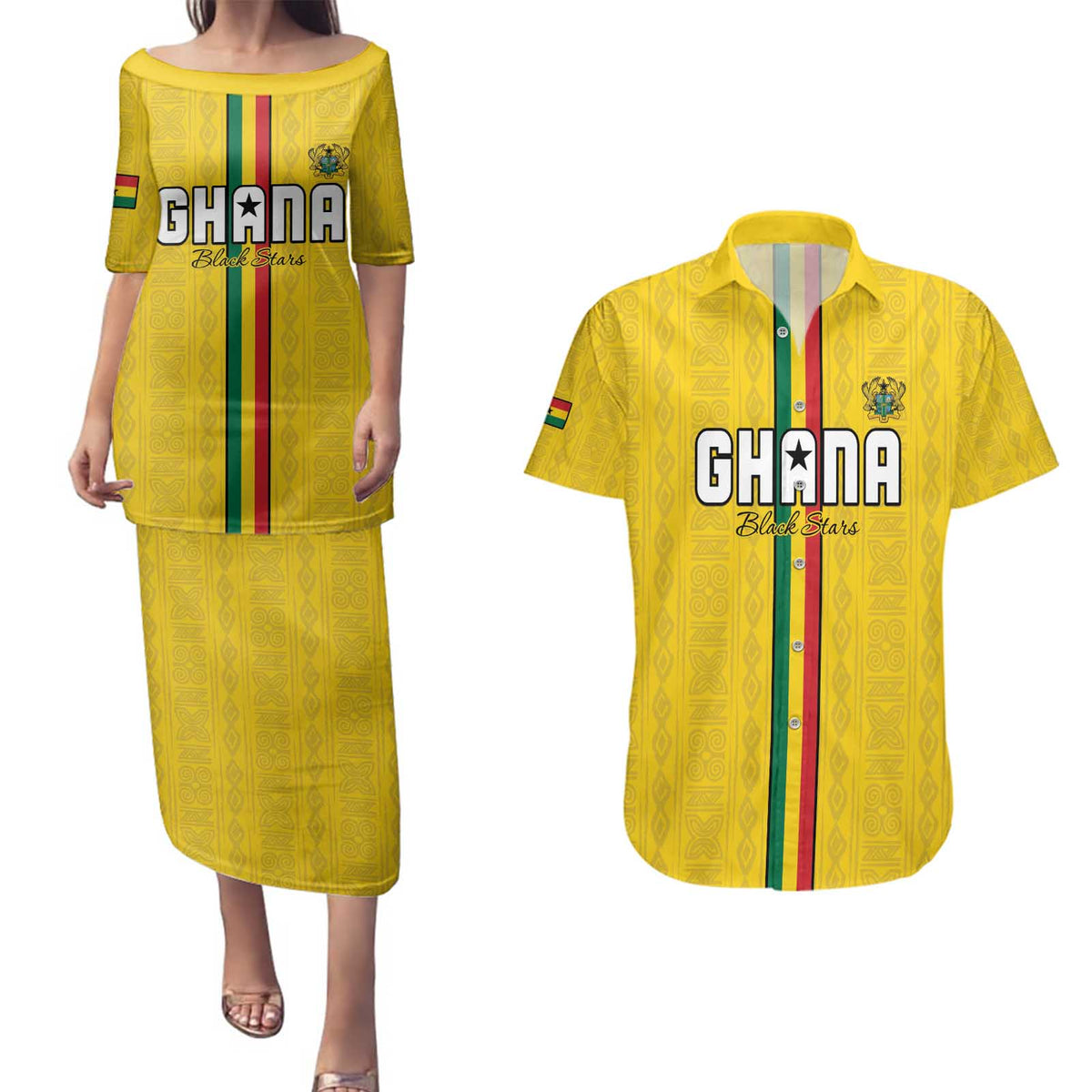 Custom Ghana Football Couples Matching Puletasi and Hawaiian Shirt Go Black Stars Go