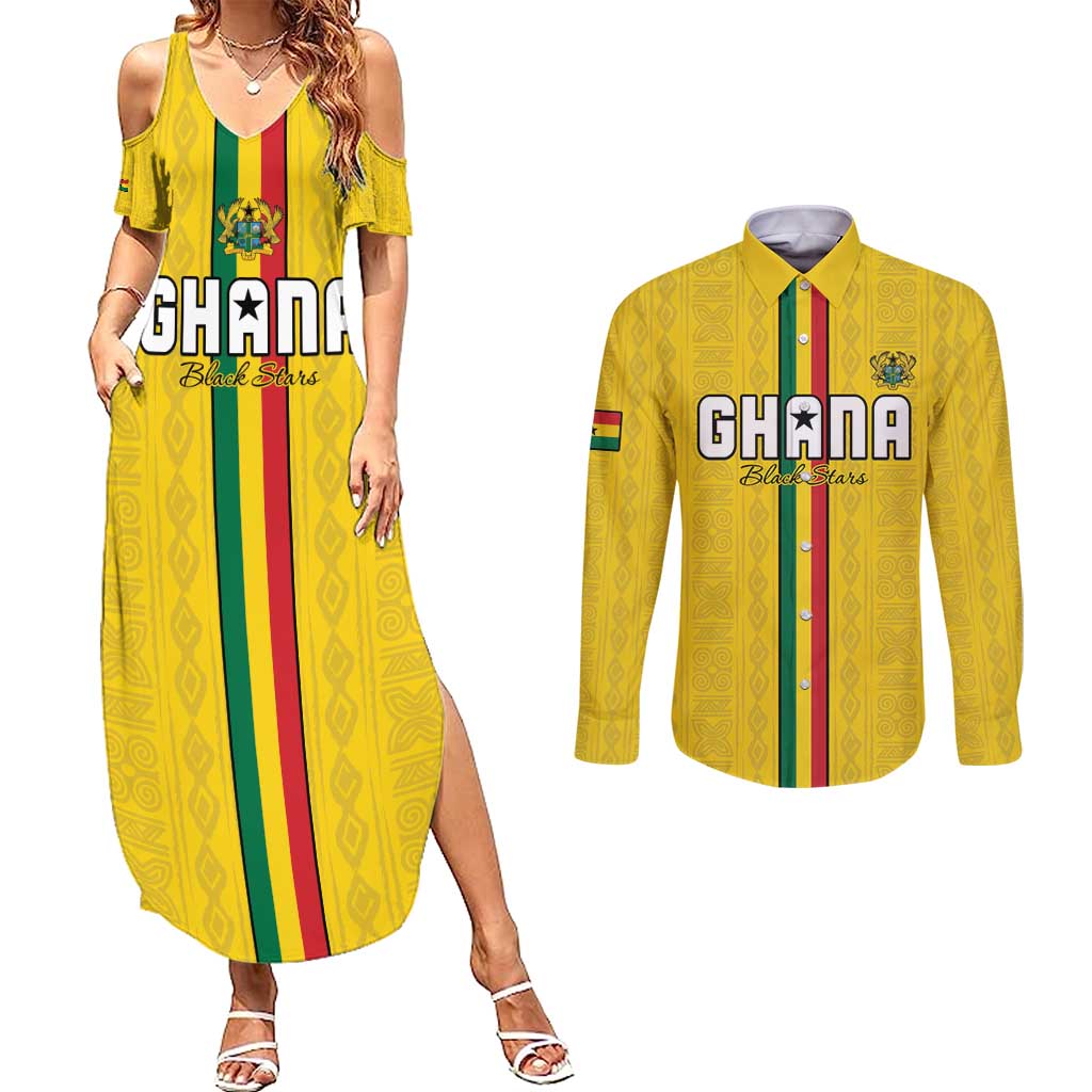 Custom Ghana Football Couples Matching Summer Maxi Dress and Long Sleeve Button Shirt Go Black Stars Go