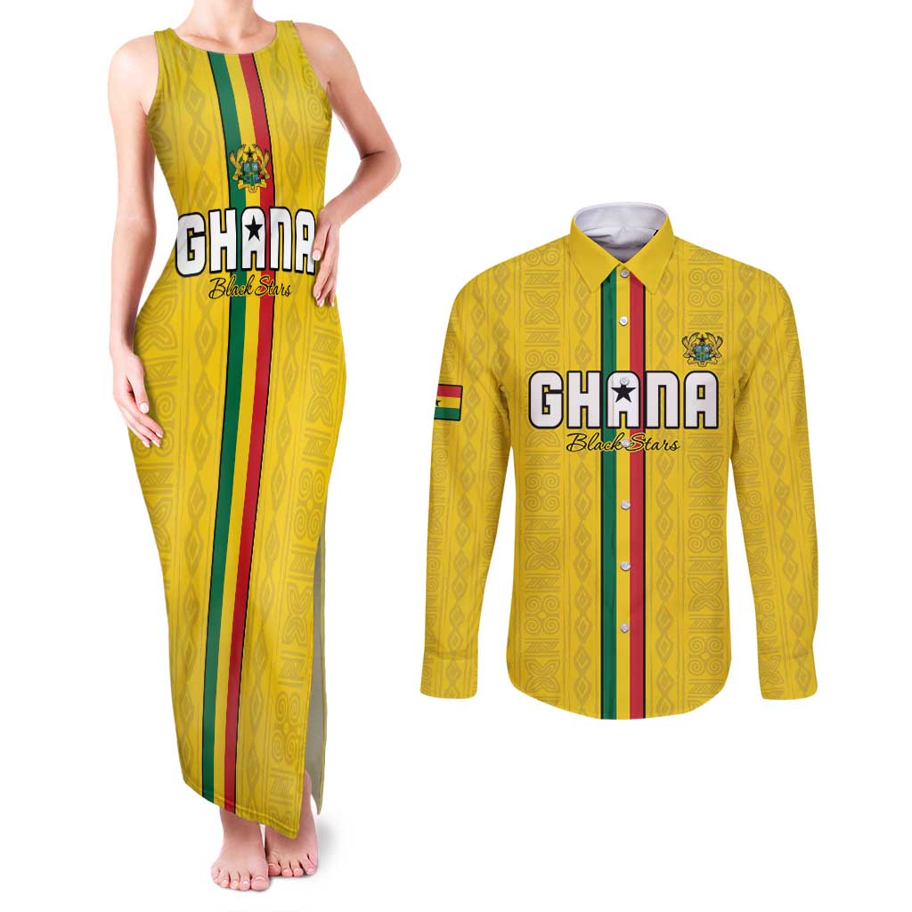 Custom Ghana Football Couples Matching Tank Maxi Dress and Long Sleeve Button Shirt Go Black Stars Go