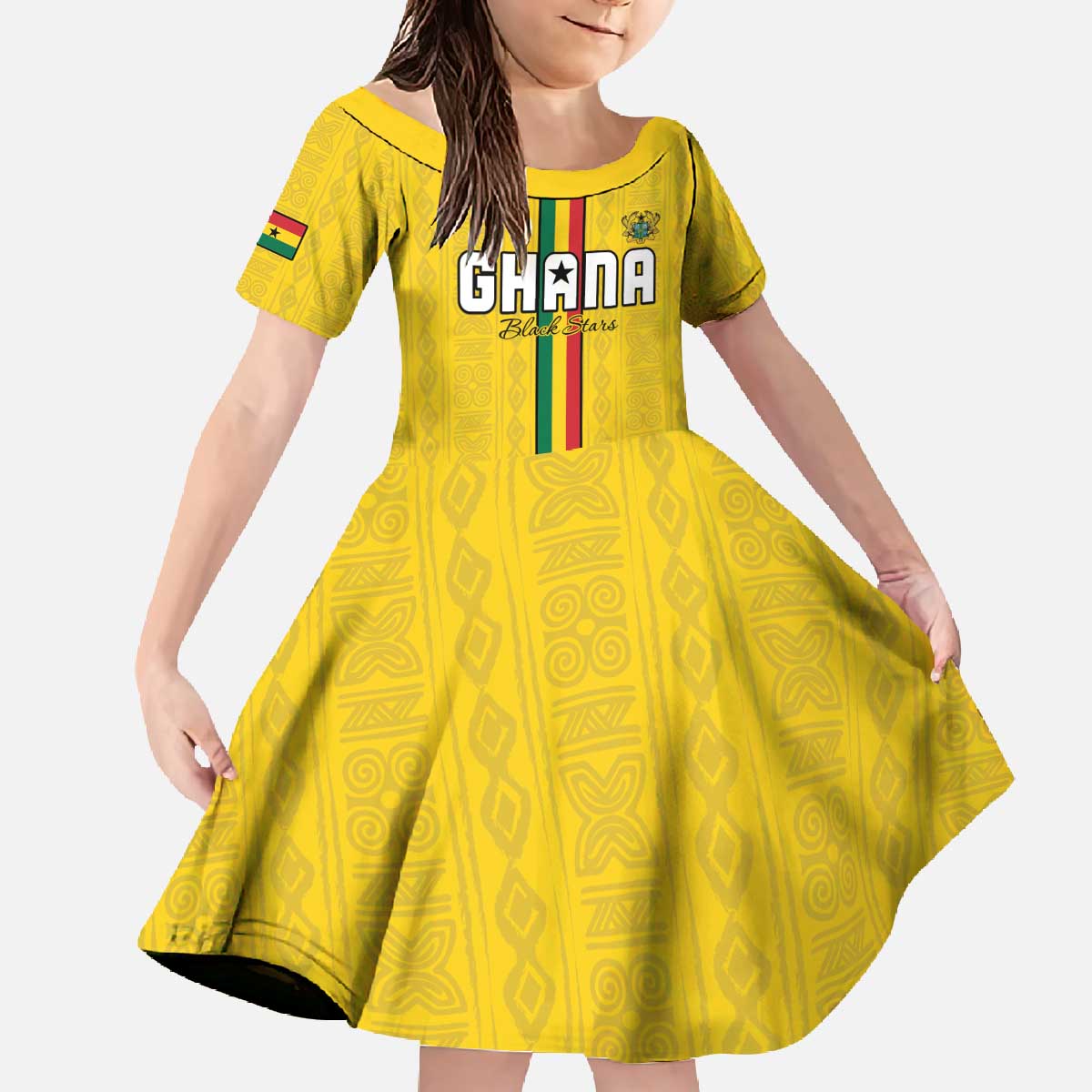 Custom Ghana Football Family Matching Off The Shoulder Long Sleeve Dress and Hawaiian Shirt Go Black Stars Go