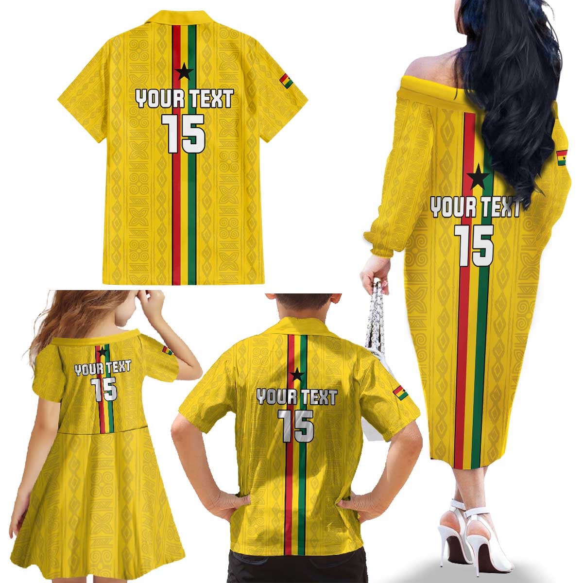 Custom Ghana Football Family Matching Off The Shoulder Long Sleeve Dress and Hawaiian Shirt Go Black Stars Go