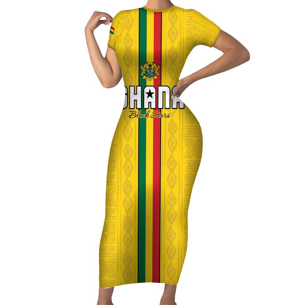 Custom Ghana Football Family Matching Short Sleeve Bodycon Dress and Hawaiian Shirt Go Black Stars Go