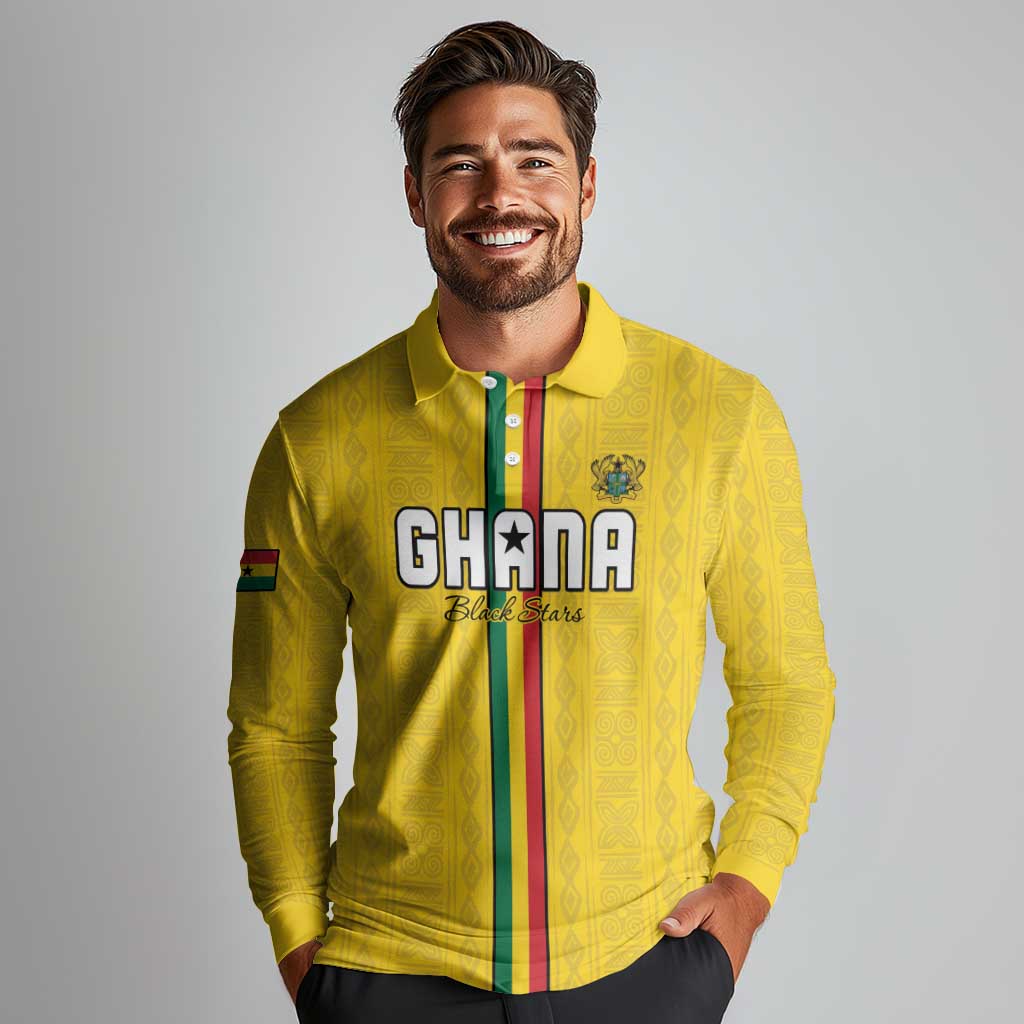 Custom Ghana Football Long Sleeve Polo Shirt Go Black Stars Go