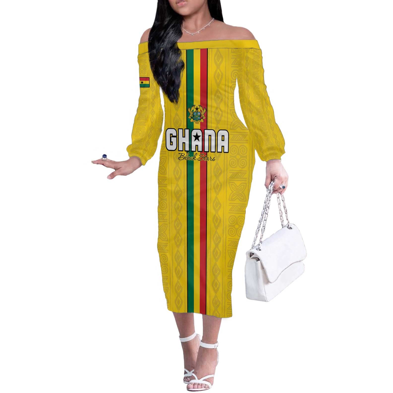 Custom Ghana Football Off The Shoulder Long Sleeve Dress Go Black Stars Go