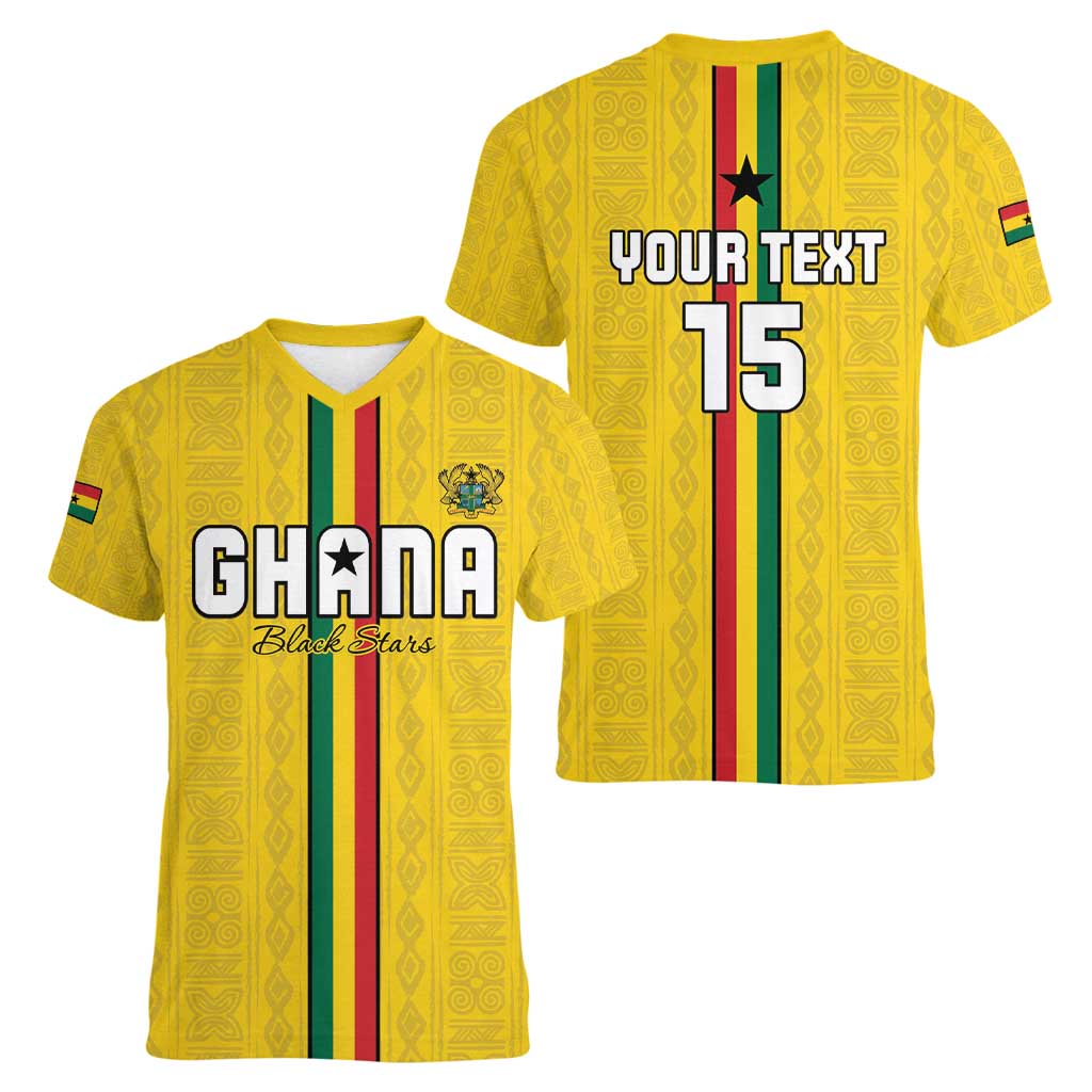 Custom Ghana Football Women V-Neck T-Shirt Go Black Stars Go