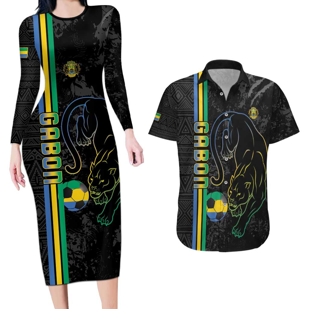 Custom Gabon Football Couples Matching Long Sleeve Bodycon Dress and Hawaiian Shirt Go Les Pantheres - Black Ver