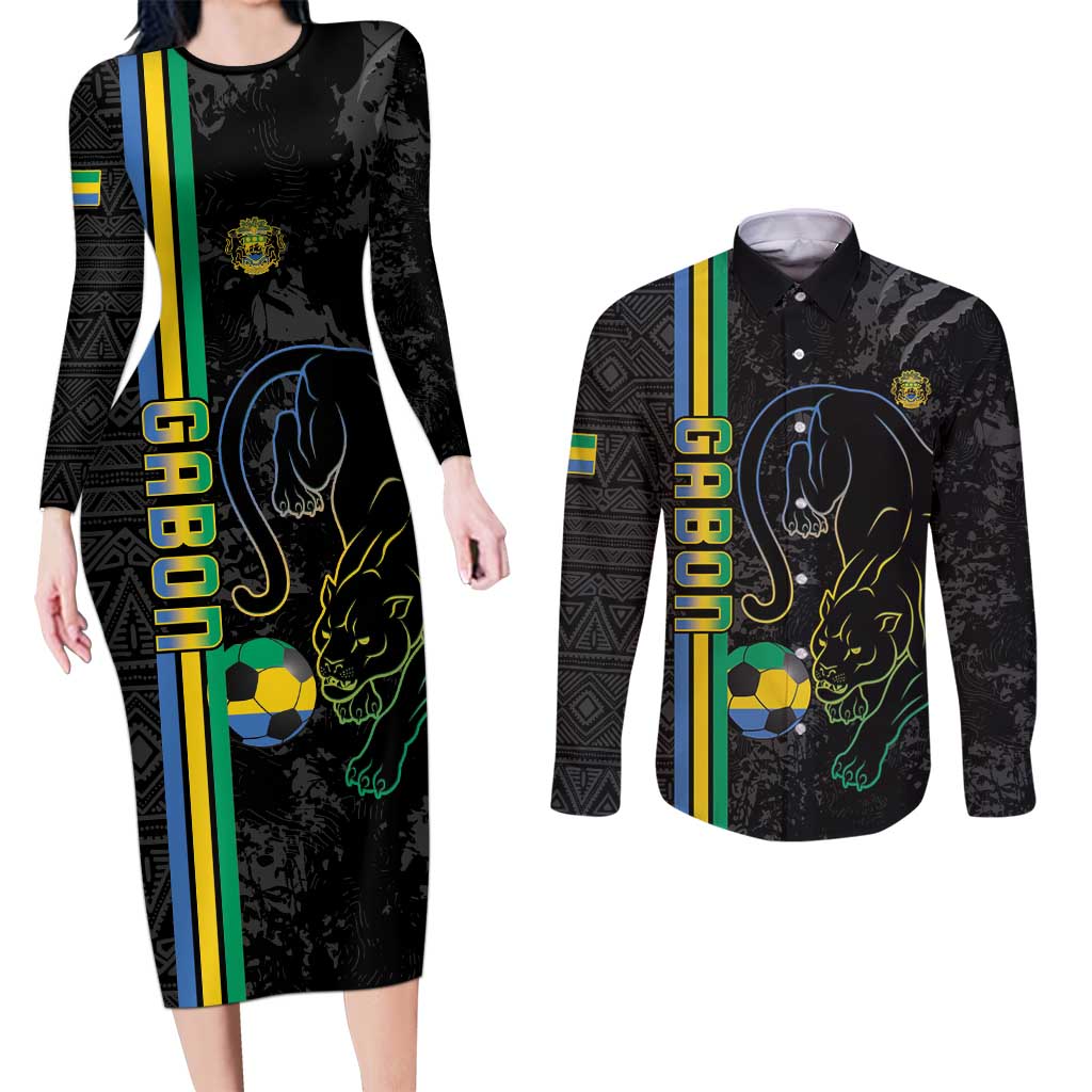 Custom Gabon Football Couples Matching Long Sleeve Bodycon Dress and Long Sleeve Button Shirt Go Les Pantheres - Black Ver