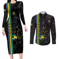 Custom Gabon Football Couples Matching Long Sleeve Bodycon Dress and Long Sleeve Button Shirt Go Les Pantheres - Black Ver
