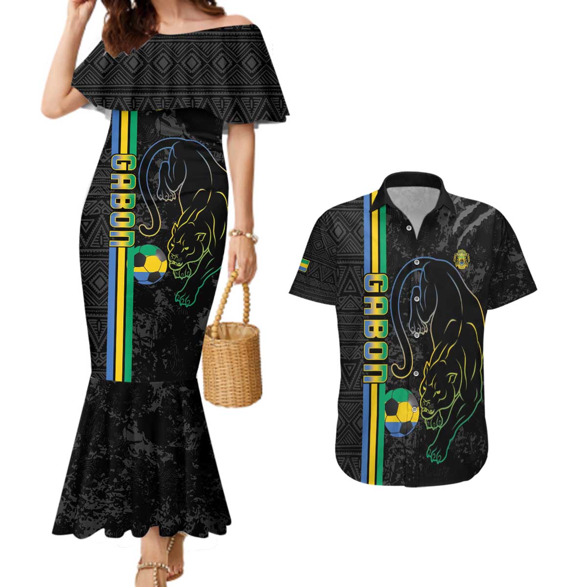 Custom Gabon Football Couples Matching Mermaid Dress and Hawaiian Shirt Go Les Pantheres - Black Ver