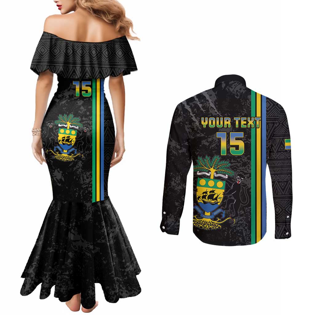 Custom Gabon Football Couples Matching Mermaid Dress and Long Sleeve Button Shirt Go Les Pantheres - Black Ver