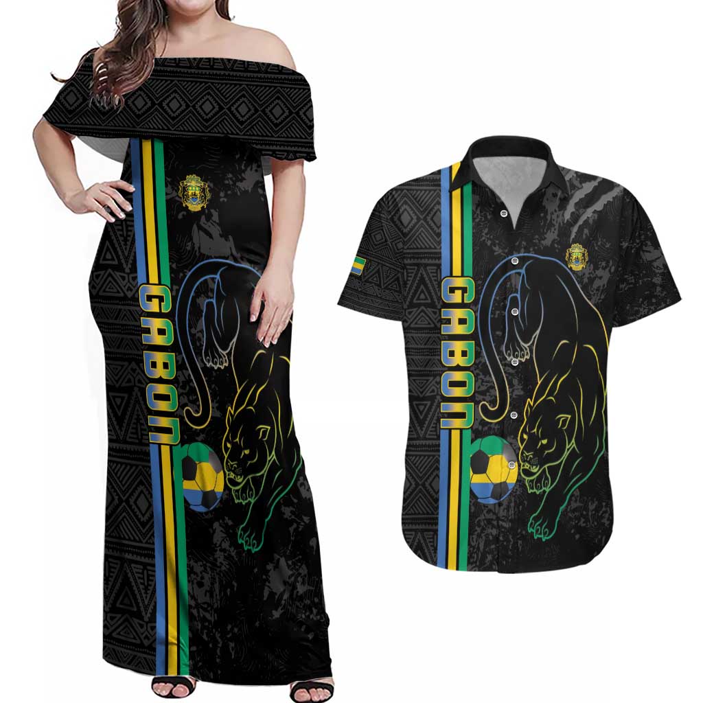 Custom Gabon Football Couples Matching Off Shoulder Maxi Dress and Hawaiian Shirt Go Les Pantheres - Black Ver