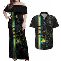 Custom Gabon Football Couples Matching Off Shoulder Maxi Dress and Hawaiian Shirt Go Les Pantheres - Black Ver