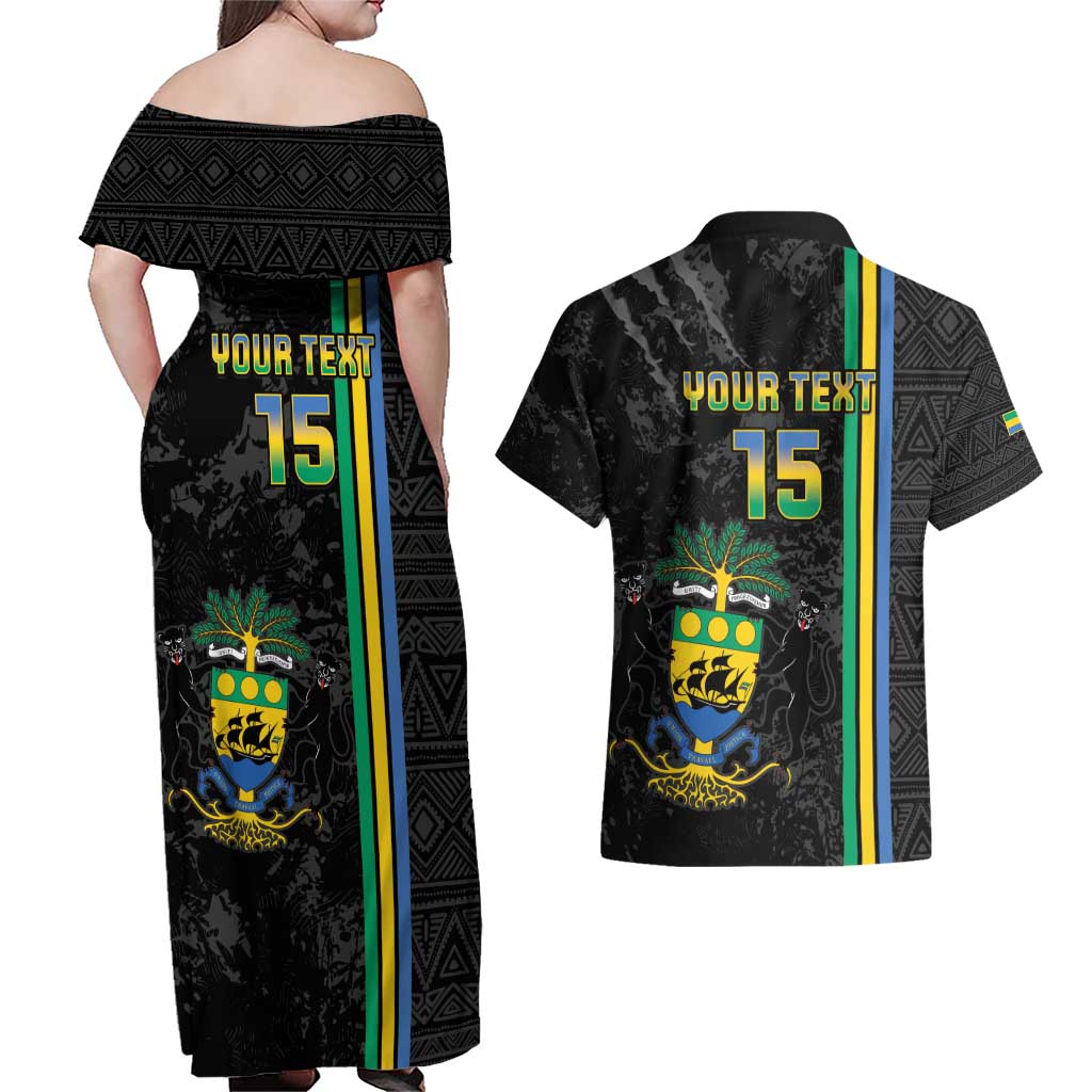 Custom Gabon Football Couples Matching Off Shoulder Maxi Dress and Hawaiian Shirt Go Les Pantheres - Black Ver