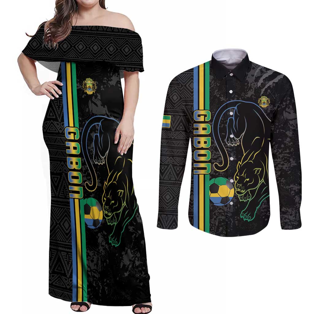 Custom Gabon Football Couples Matching Off Shoulder Maxi Dress and Long Sleeve Button Shirt Go Les Pantheres - Black Ver