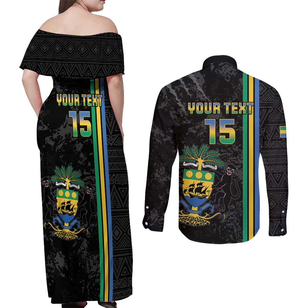 Custom Gabon Football Couples Matching Off Shoulder Maxi Dress and Long Sleeve Button Shirt Go Les Pantheres - Black Ver