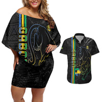 Custom Gabon Football Couples Matching Off Shoulder Short Dress and Hawaiian Shirt Go Les Pantheres - Black Ver