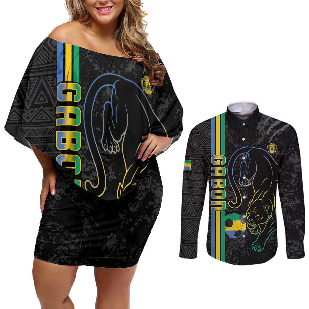 Custom Gabon Football Couples Matching Off Shoulder Short Dress and Long Sleeve Button Shirt Go Les Pantheres - Black Ver