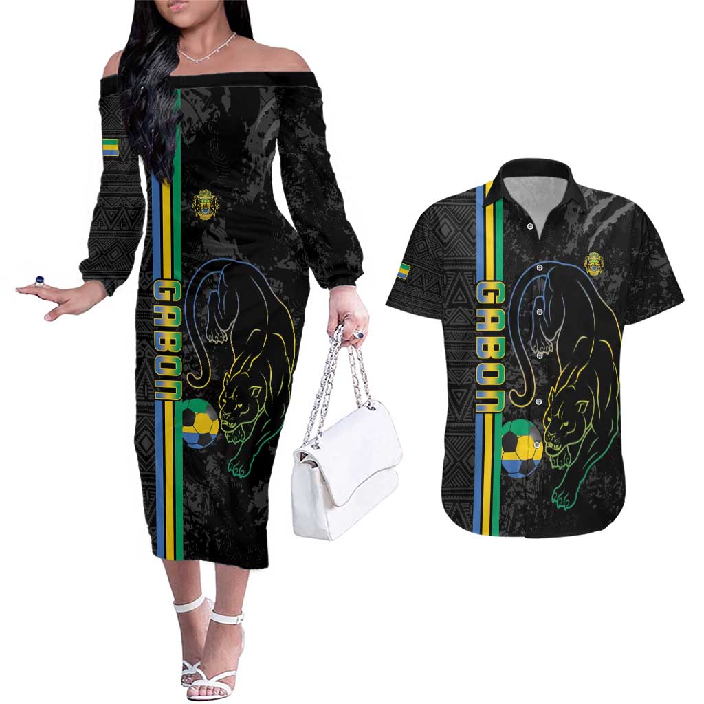 Custom Gabon Football Couples Matching Off The Shoulder Long Sleeve Dress and Hawaiian Shirt Go Les Pantheres - Black Ver