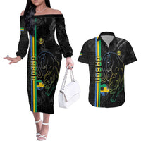 Custom Gabon Football Couples Matching Off The Shoulder Long Sleeve Dress and Hawaiian Shirt Go Les Pantheres - Black Ver
