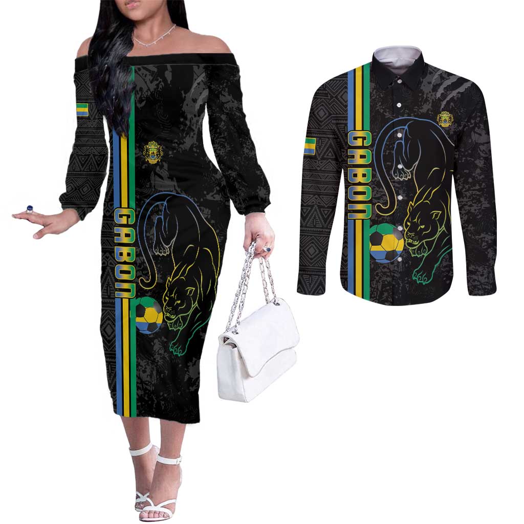 Custom Gabon Football Couples Matching Off The Shoulder Long Sleeve Dress and Long Sleeve Button Shirt Go Les Pantheres - Black Ver