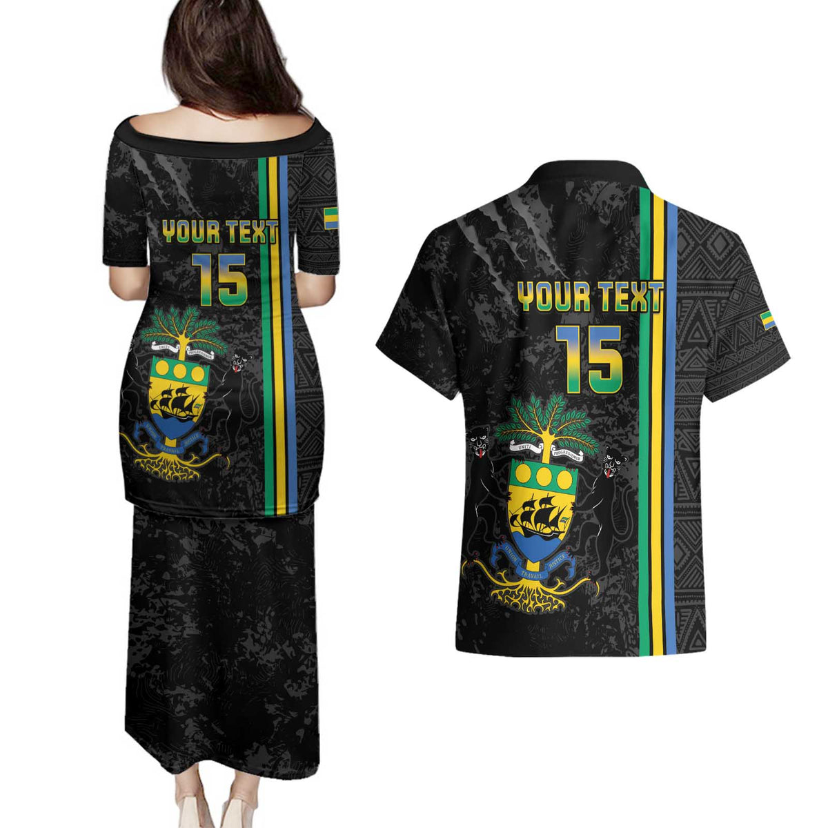 Custom Gabon Football Couples Matching Puletasi and Hawaiian Shirt Go Les Pantheres - Black Ver