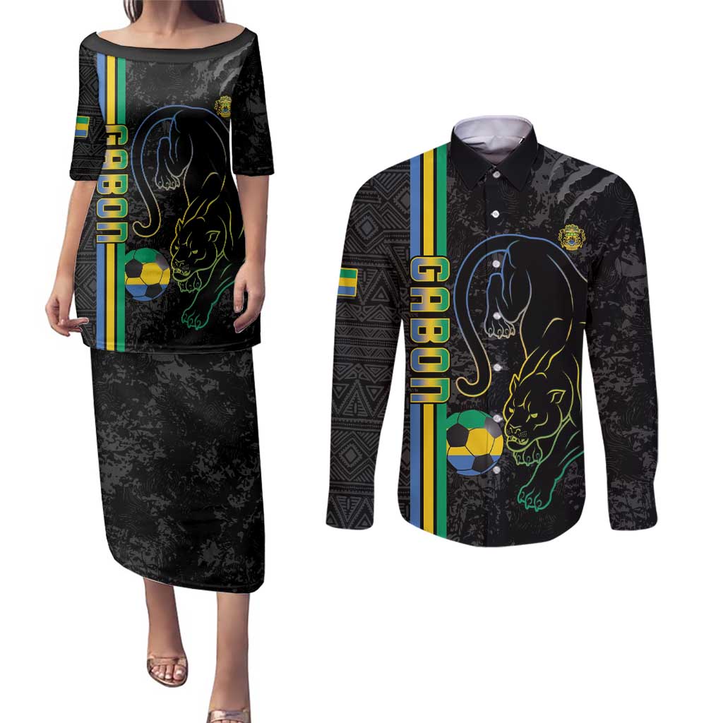 Custom Gabon Football Couples Matching Puletasi and Long Sleeve Button Shirt Go Les Pantheres - Black Ver