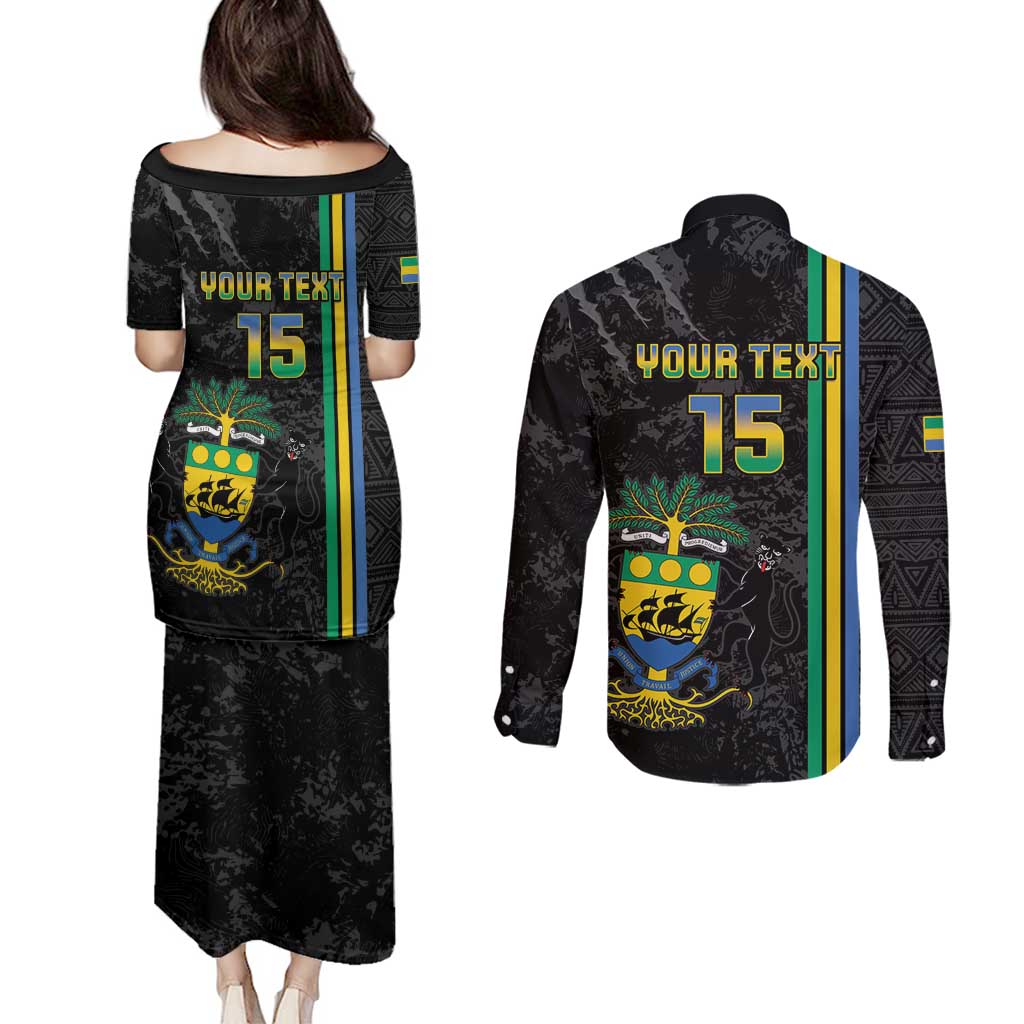 Custom Gabon Football Couples Matching Puletasi and Long Sleeve Button Shirt Go Les Pantheres - Black Ver