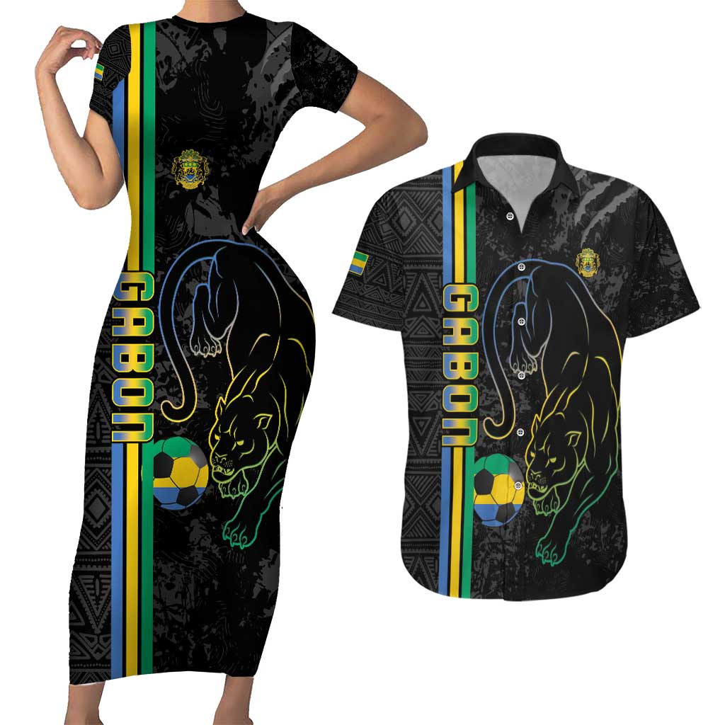 Custom Gabon Football Couples Matching Short Sleeve Bodycon Dress and Hawaiian Shirt Go Les Pantheres - Black Ver