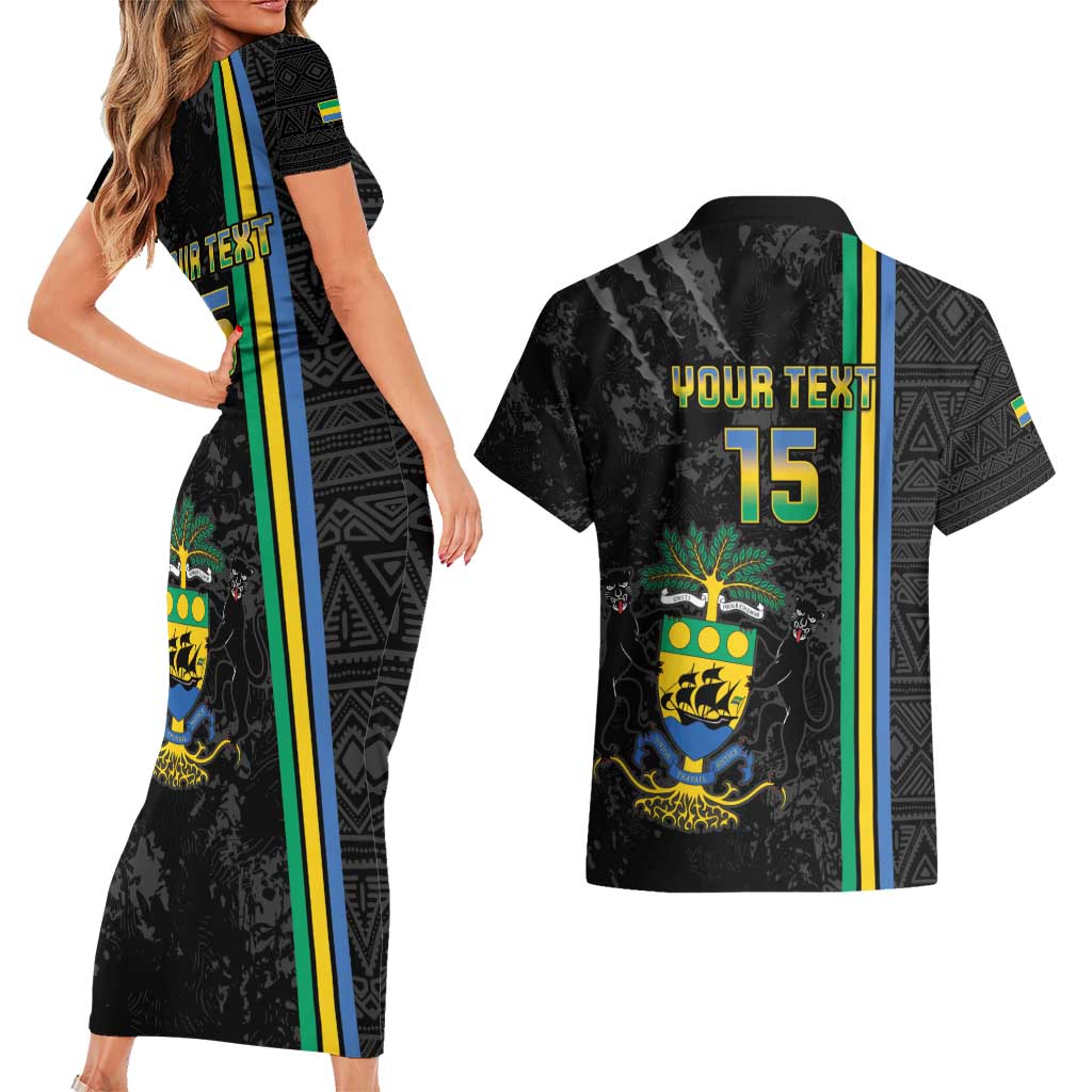 Custom Gabon Football Couples Matching Short Sleeve Bodycon Dress and Hawaiian Shirt Go Les Pantheres - Black Ver