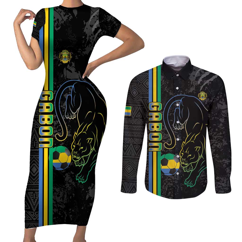 Custom Gabon Football Couples Matching Short Sleeve Bodycon Dress and Long Sleeve Button Shirt Go Les Pantheres - Black Ver