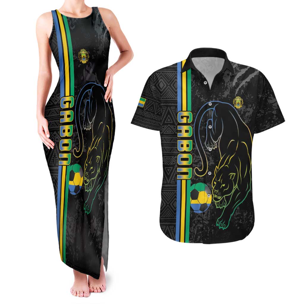 Custom Gabon Football Couples Matching Tank Maxi Dress and Hawaiian Shirt Go Les Pantheres - Black Ver