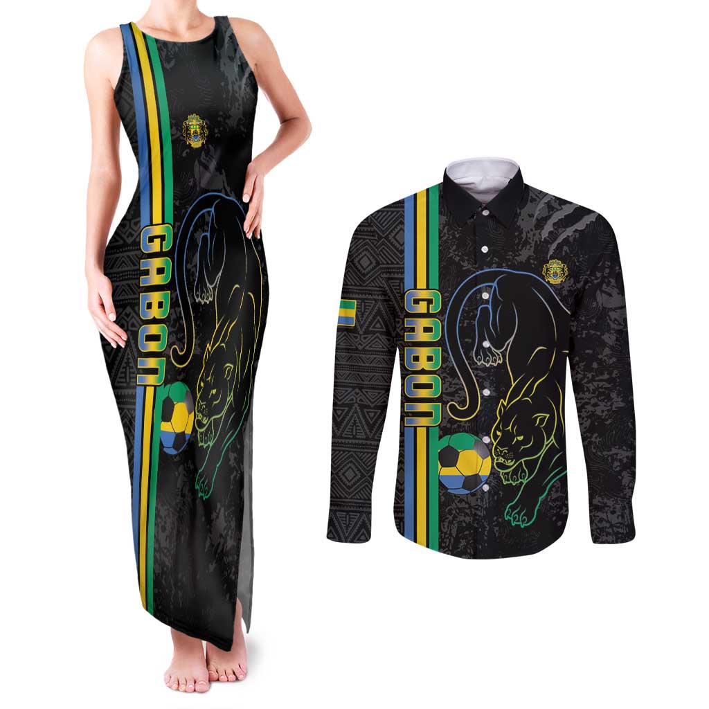 Custom Gabon Football Couples Matching Tank Maxi Dress and Long Sleeve Button Shirt Go Les Pantheres - Black Ver