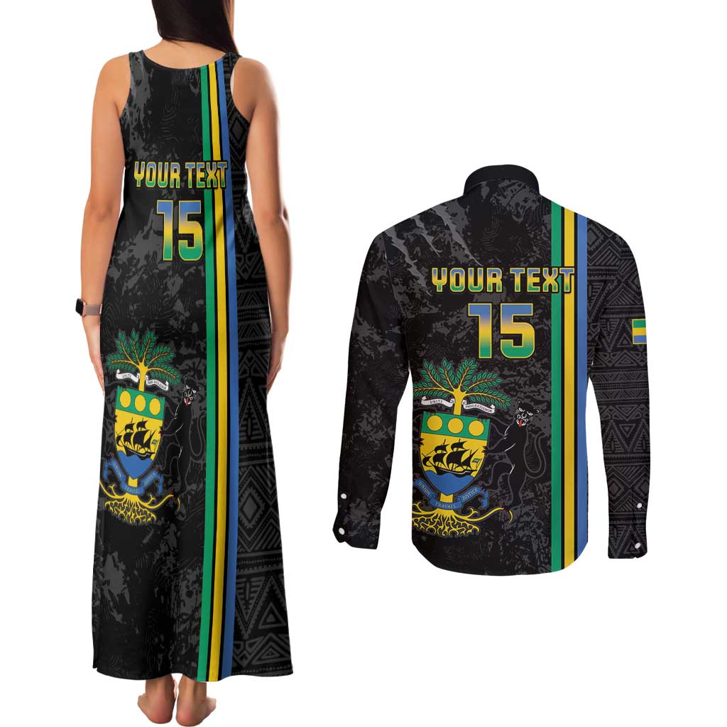 Custom Gabon Football Couples Matching Tank Maxi Dress and Long Sleeve Button Shirt Go Les Pantheres - Black Ver