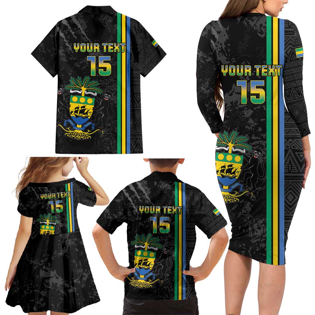 Custom Gabon Football Family Matching Long Sleeve Bodycon Dress and Hawaiian Shirt Go Les Pantheres - Black Ver
