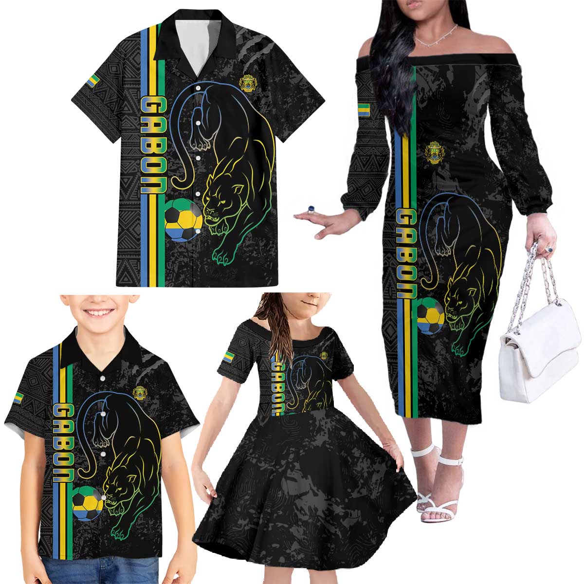 Custom Gabon Football Family Matching Off The Shoulder Long Sleeve Dress and Hawaiian Shirt Go Les Pantheres - Black Ver