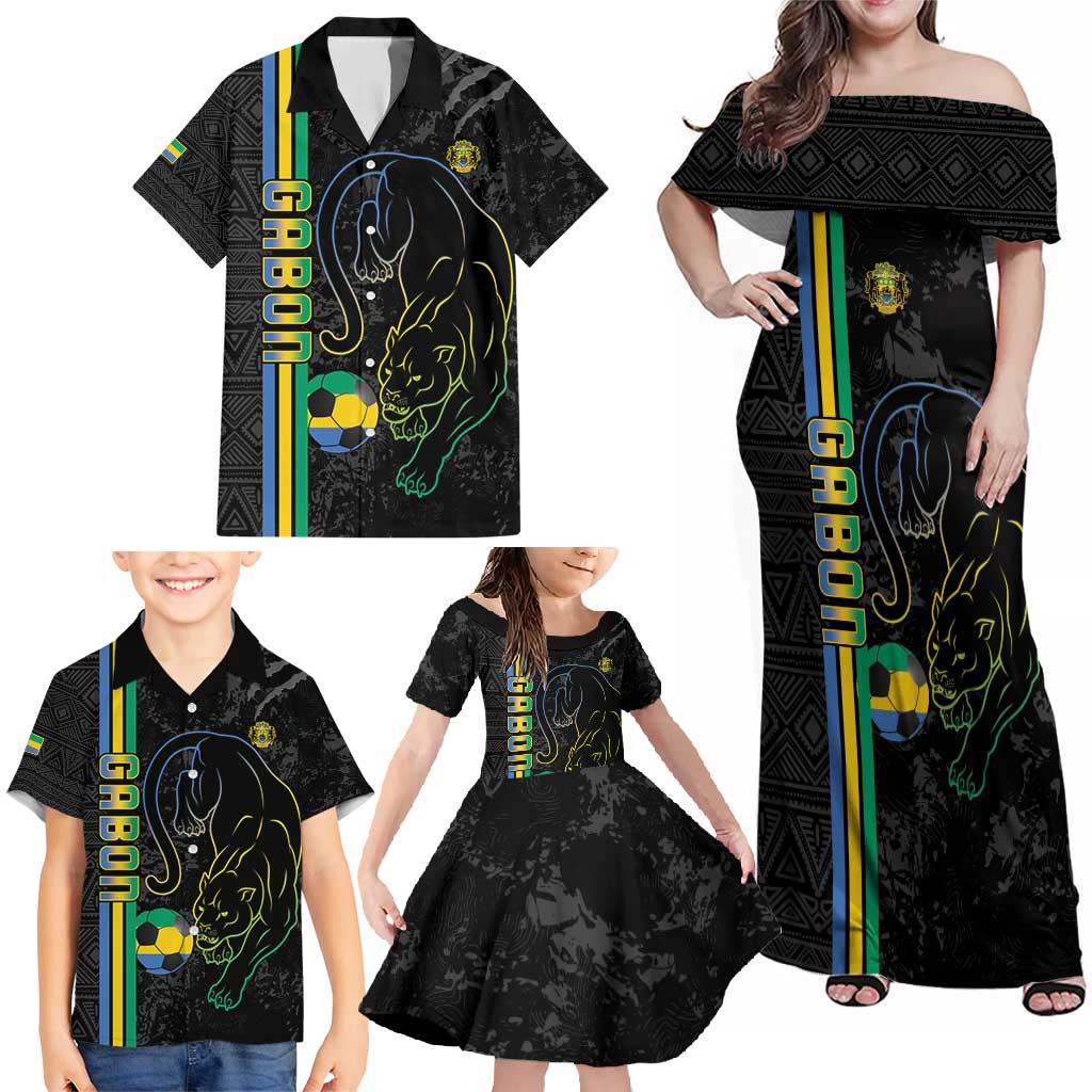 Custom Gabon Football Family Matching Off Shoulder Maxi Dress and Hawaiian Shirt Go Les Pantheres - Black Ver