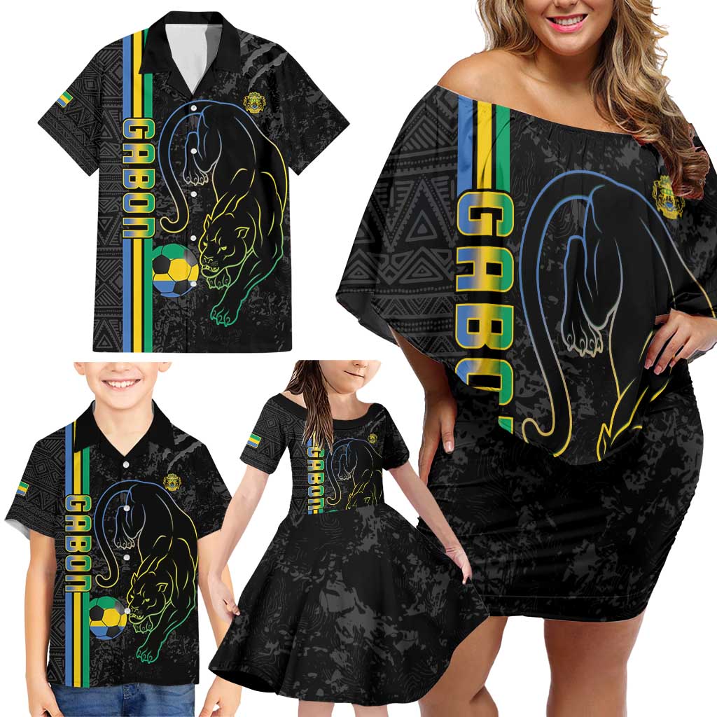 Custom Gabon Football Family Matching Off Shoulder Short Dress and Hawaiian Shirt Go Les Pantheres - Black Ver