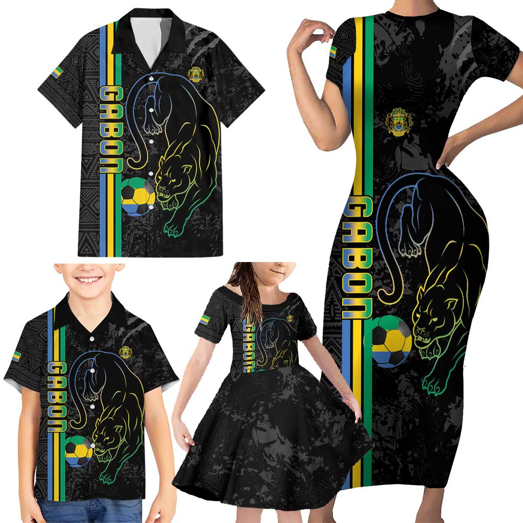 Custom Gabon Football Family Matching Short Sleeve Bodycon Dress and Hawaiian Shirt Go Les Pantheres - Black Ver