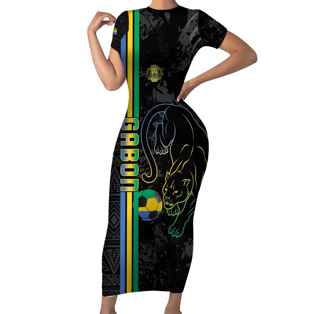 Custom Gabon Football Family Matching Short Sleeve Bodycon Dress and Hawaiian Shirt Go Les Pantheres - Black Ver