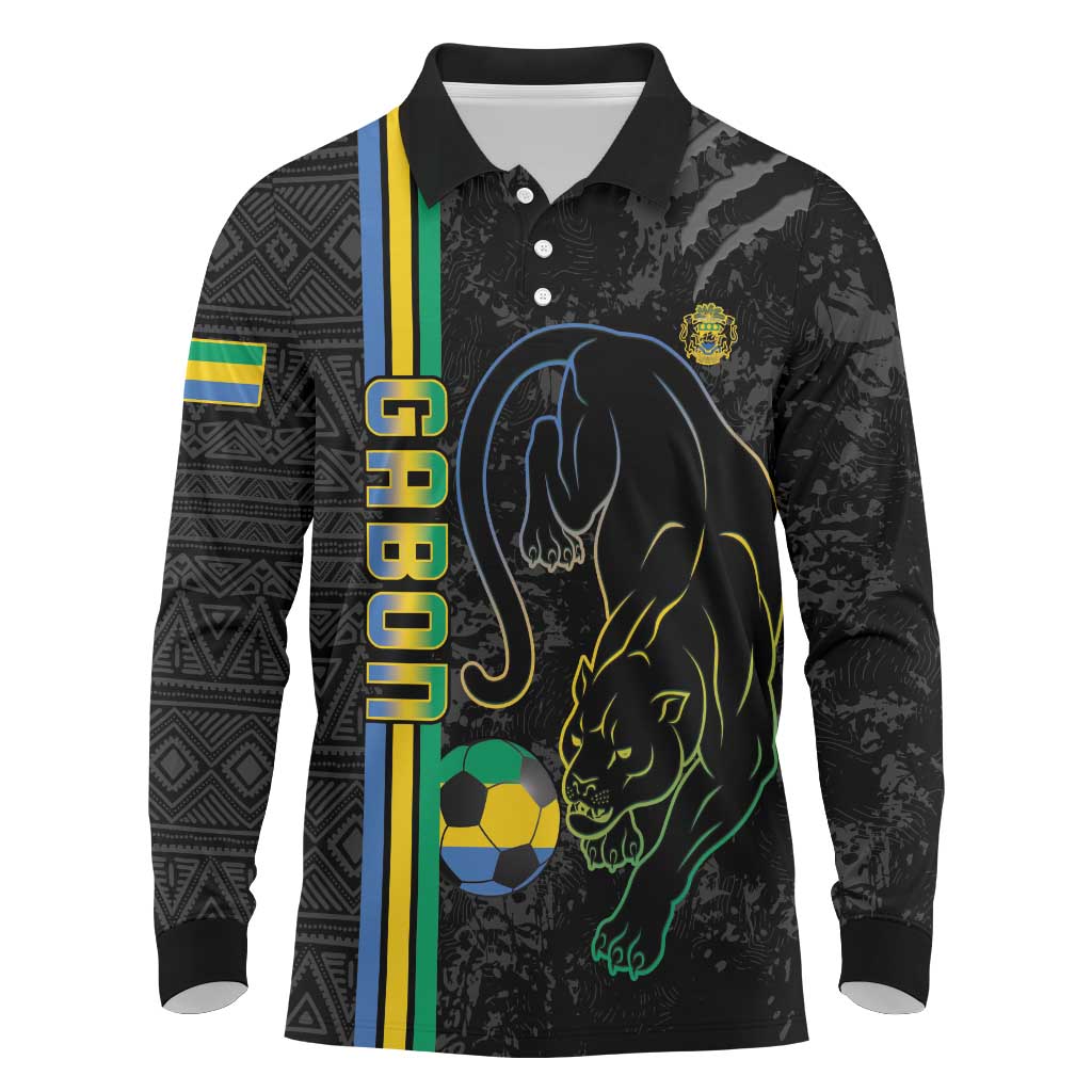 Custom Gabon Football Long Sleeve Polo Shirt Go Les Pantheres - Black Ver