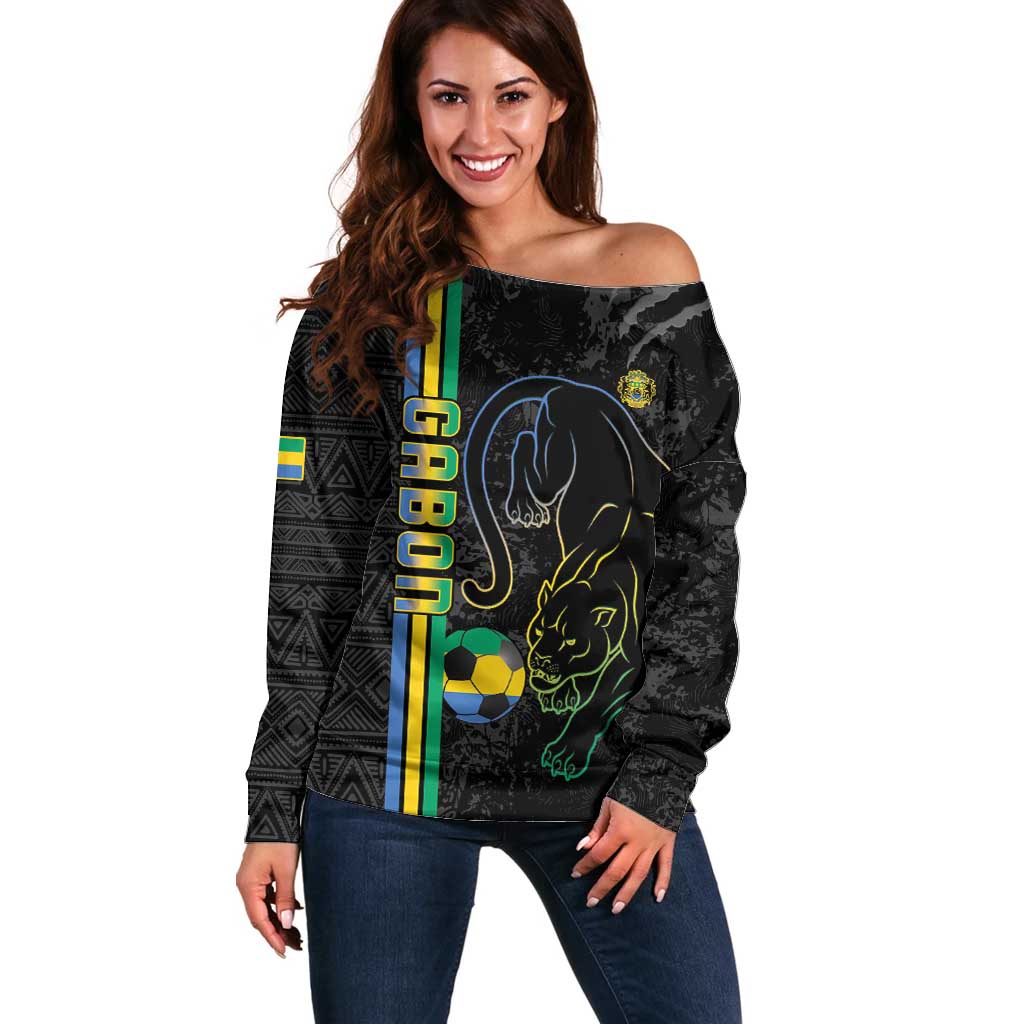 Custom Gabon Football Off Shoulder Sweater Go Les Pantheres - Black Ver