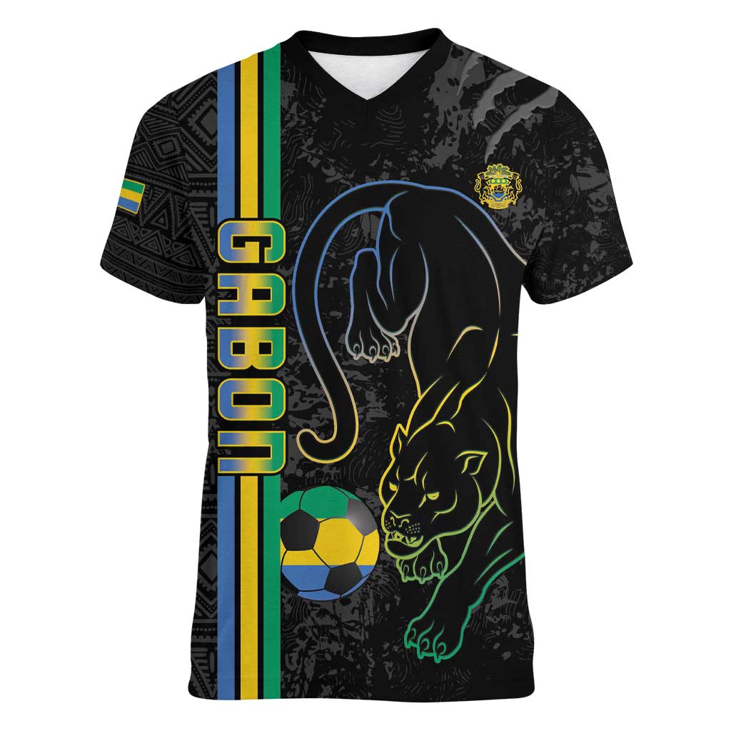 Custom Gabon Football Women V-Neck T-Shirt Go Les Pantheres - Black Ver