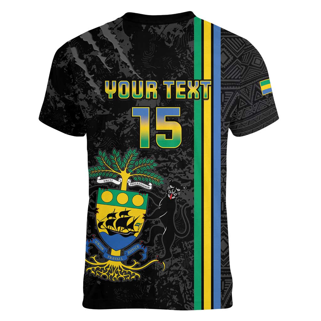 Custom Gabon Football Women V-Neck T-Shirt Go Les Pantheres - Black Ver