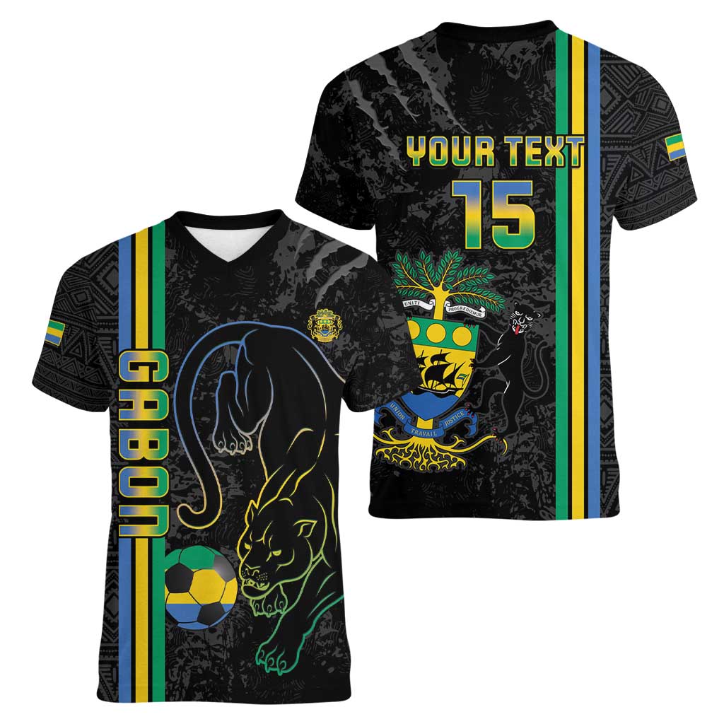 Custom Gabon Football Women V-Neck T-Shirt Go Les Pantheres - Black Ver
