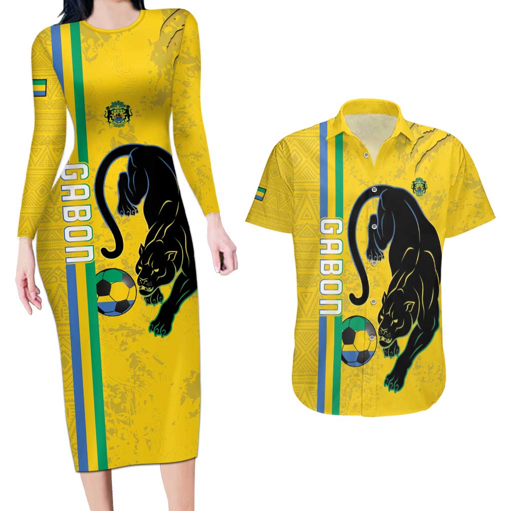 Custom Gabon Football Couples Matching Long Sleeve Bodycon Dress and Hawaiian Shirt Go Les Pantheres - Yellow Ver